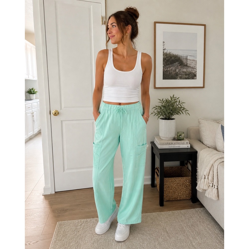 Jockey Cargo Scrub Pants Womens L Large Mint Green‎ Wide Leg Polyester Blend